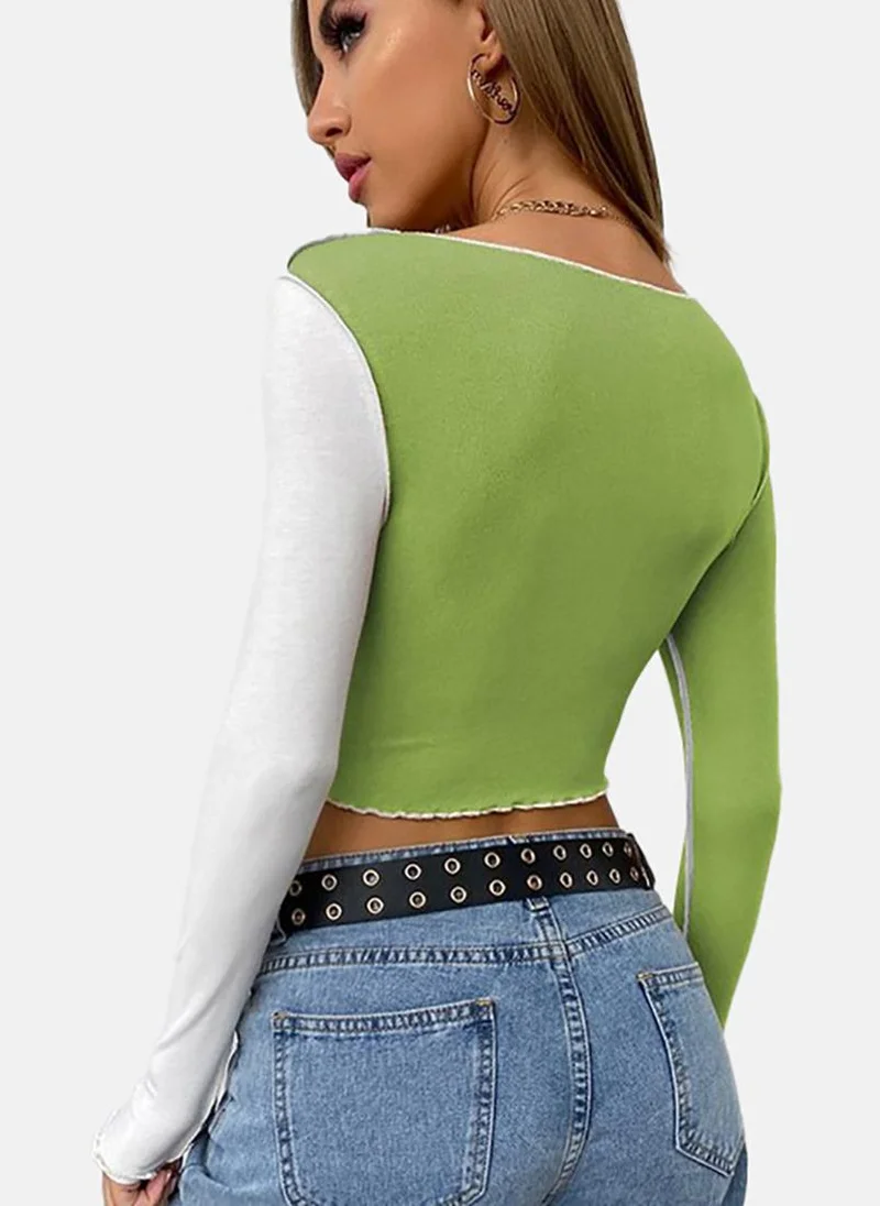 يونيكي Green Colour Blocked Slim Fit Long Sleeve Top
