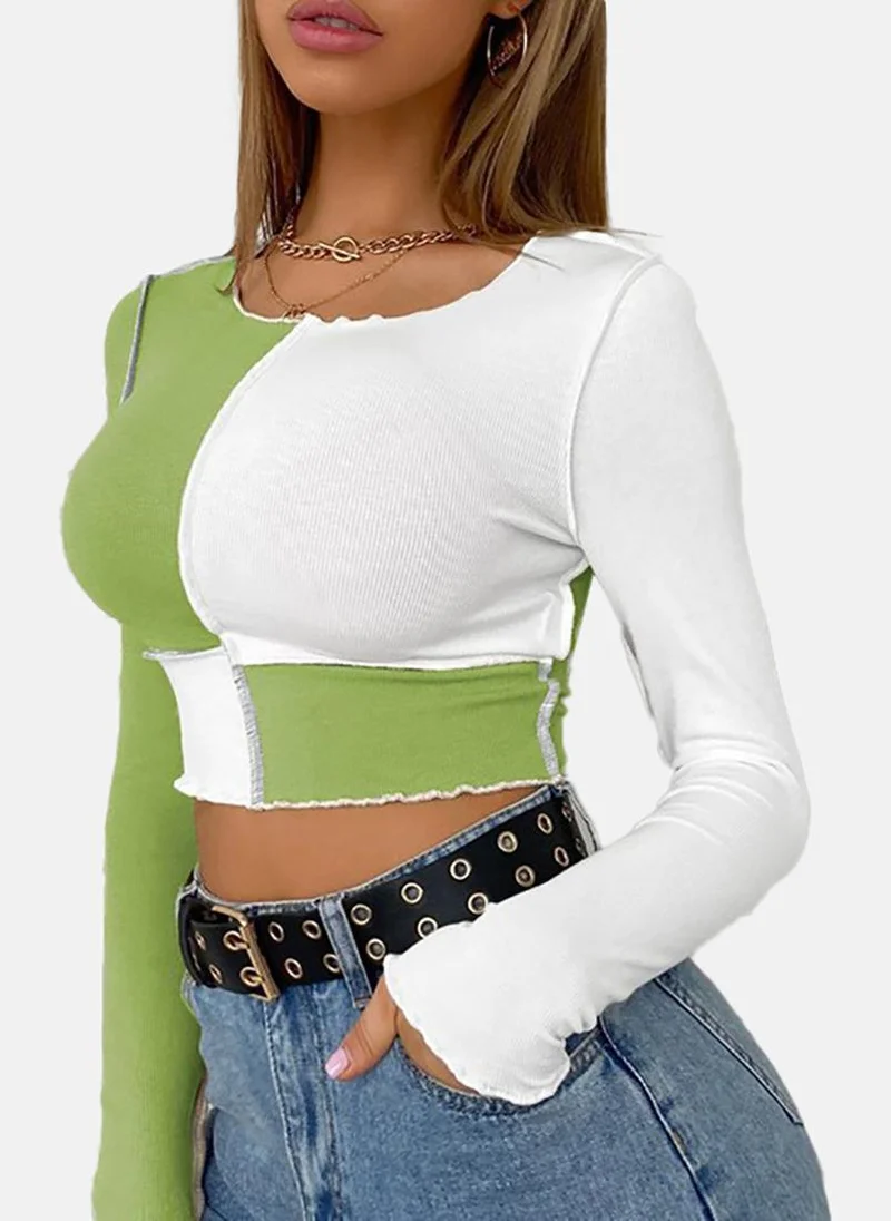 يونيكي Green Colour Blocked Slim Fit Long Sleeve Top