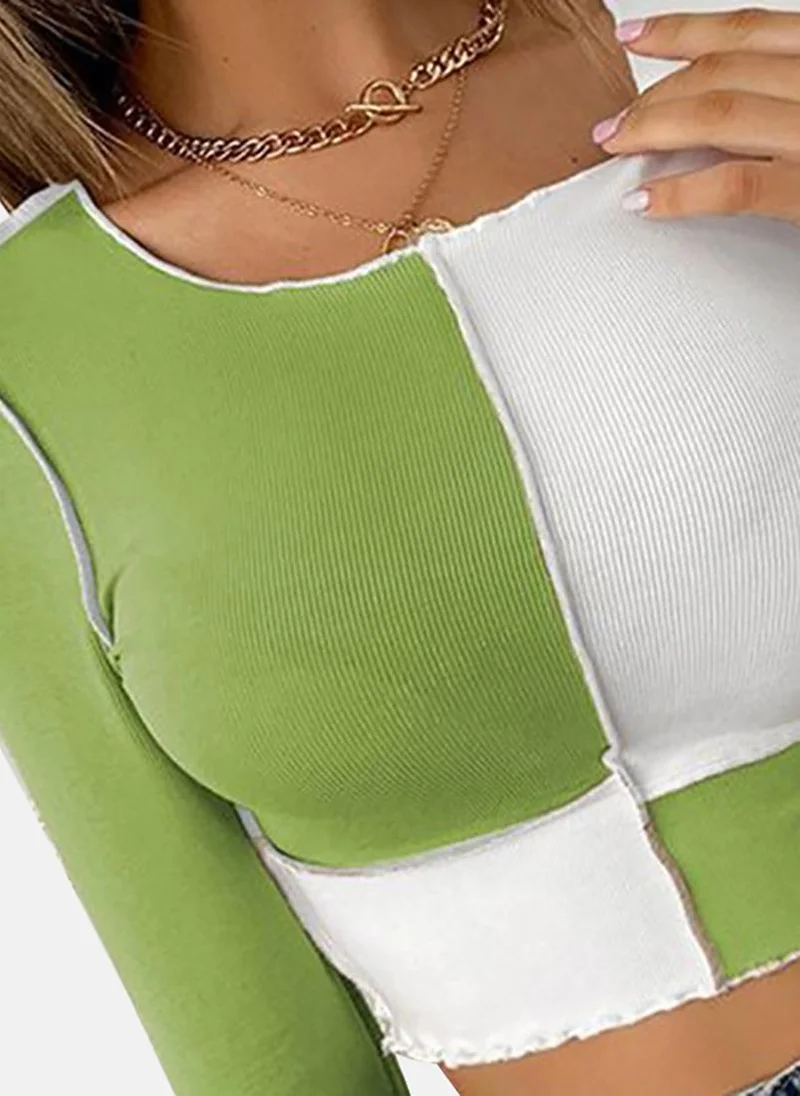 YUNIQEE Green Colour Blocked Slim Fit Long Sleeve Top