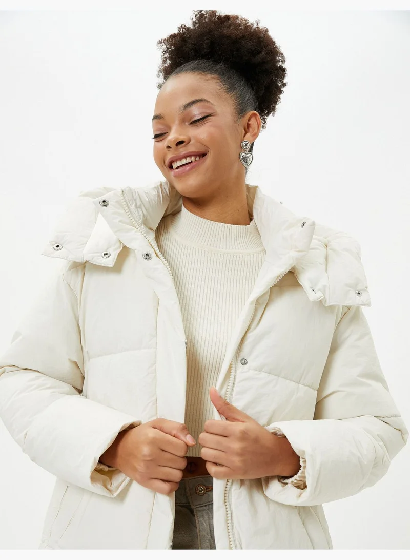 KOTON Puffer Coat Hooded Pockets Zipper Wind Flap Detail
