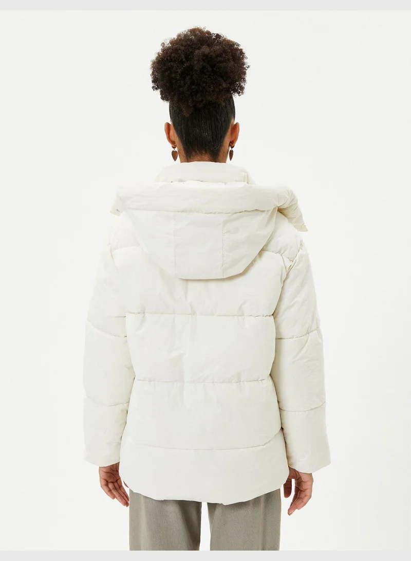 KOTON Puffer Coat Hooded Pockets Zipper Wind Flap Detail
