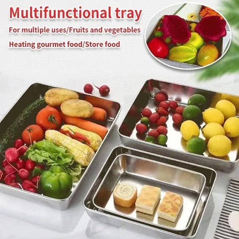 ABUDIT Square Plate with Lid-Japanese-Style Stainless Steel Tray, Stainless Steel Food Grade Baking Plate Sheet Food Plate Cake Brownie Pan Oven Microwave Dishwasher Safe[ (Pack of 3) (3) - Image 2