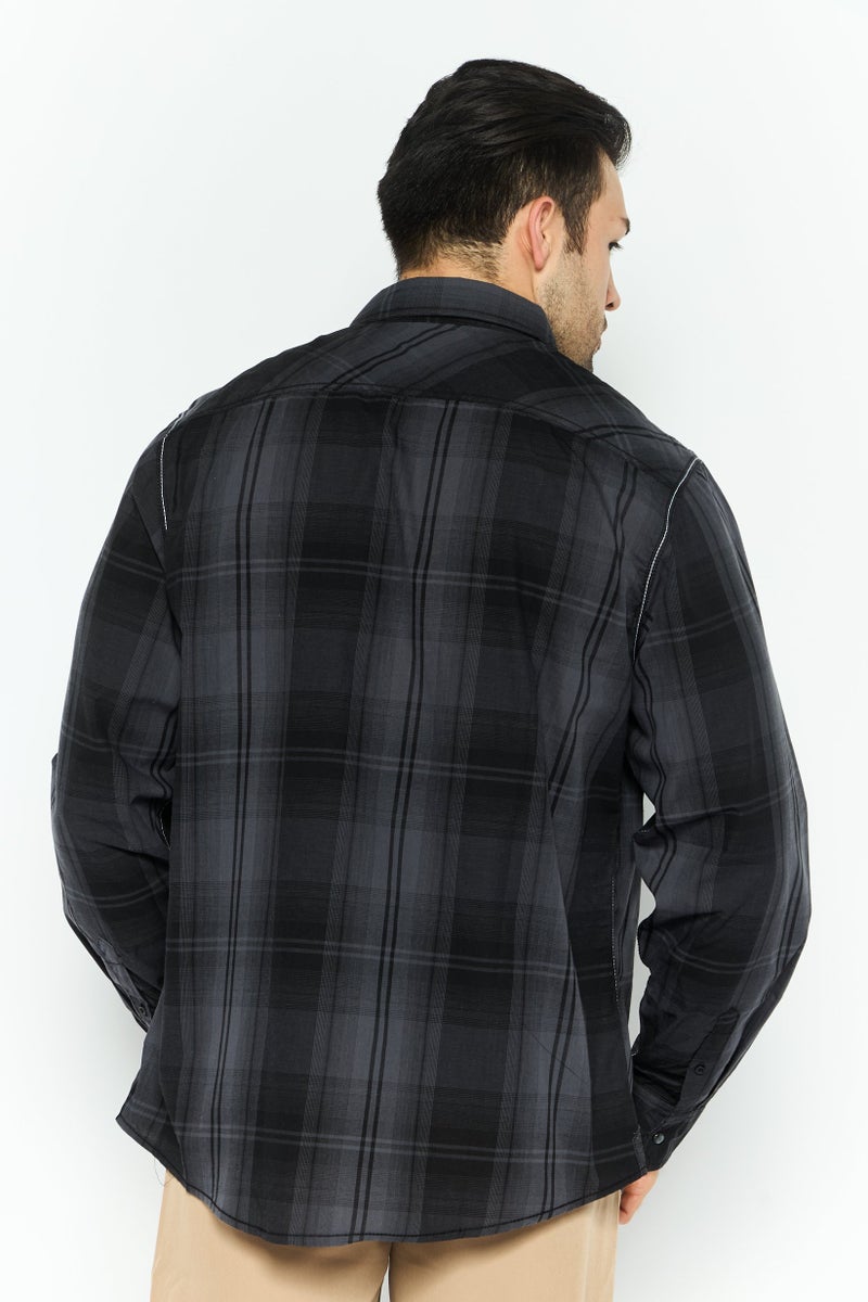 Burnside قميص رجالي عادي بقصة مريحة بأكمام طويلة مزخرف بمربعات، أسود - Image 4