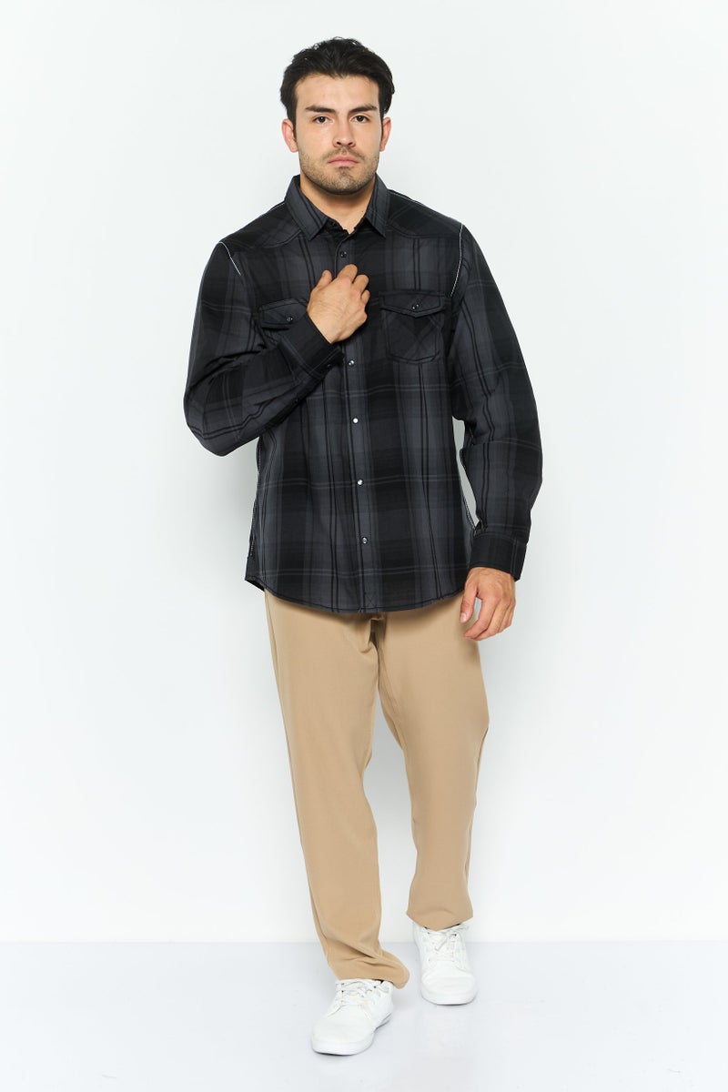 Burnside قميص رجالي عادي بقصة مريحة بأكمام طويلة مزخرف بمربعات، أسود - Image 2
