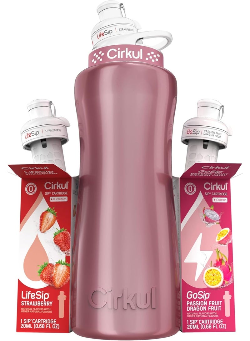 Cirkul 32oz Rose Gold Stainless Steel Water Bottle Starter Kit with Rose Gold Lid and 2 Flavor Cartridges (Strawberry & Passion Fruit Dragon Fruit)