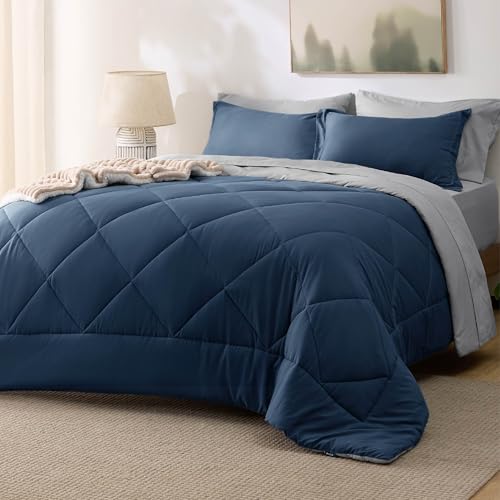 Bedsure Bedsure Full Size Comforter Set  7 Pieces Reversible Navy Bedding Full Size Bed Set for All Seasons Bed in a Bag with Down Alternative Comforter Sheets Pillowcases  Shams 