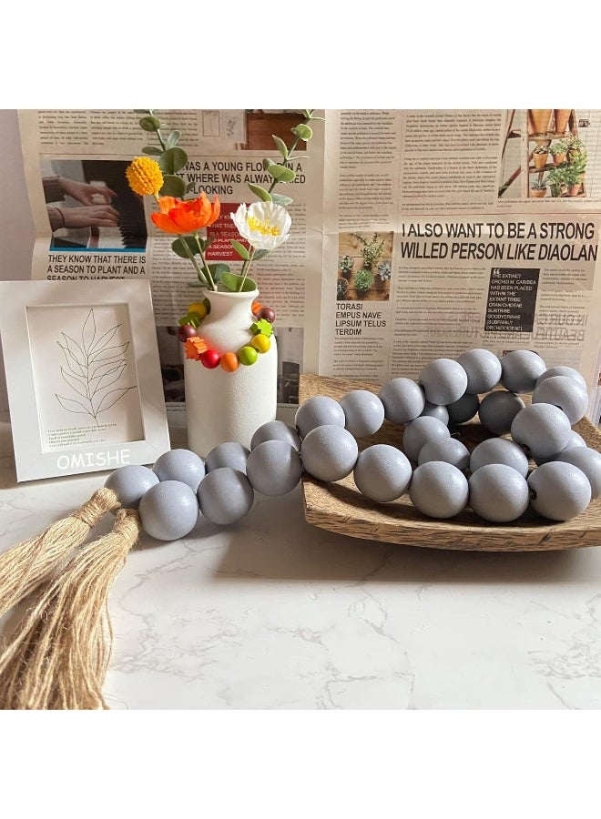 OMISHE OMISHE 58" Long Large Wood Bead Garland Grey with 1.6" Diameter Wooden Beads and Tassels, Rustic Farmhouse Country Wood Beads Garland for Home Tiered Tray Decor, Decorative Beads with Tassels Grey  - Image 4