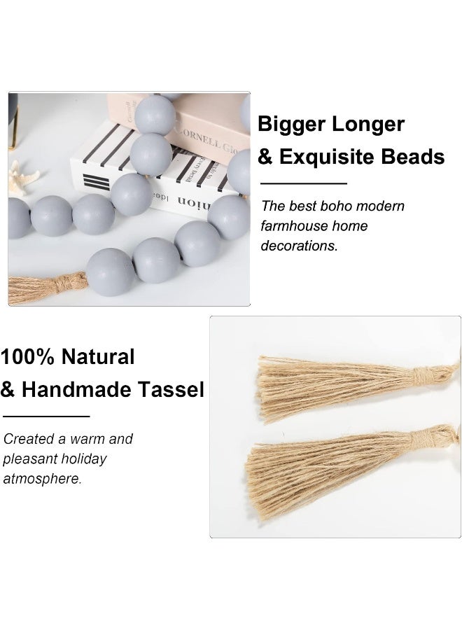 OMISHE 58" Long Large Wood Bead Garland Grey with 1.6" Diameter Wooden Beads and Tassels, Rustic Farmhouse Country Wood Beads Garland for Home Tiered Tray Decor, Decorative Beads with Tassels Grey