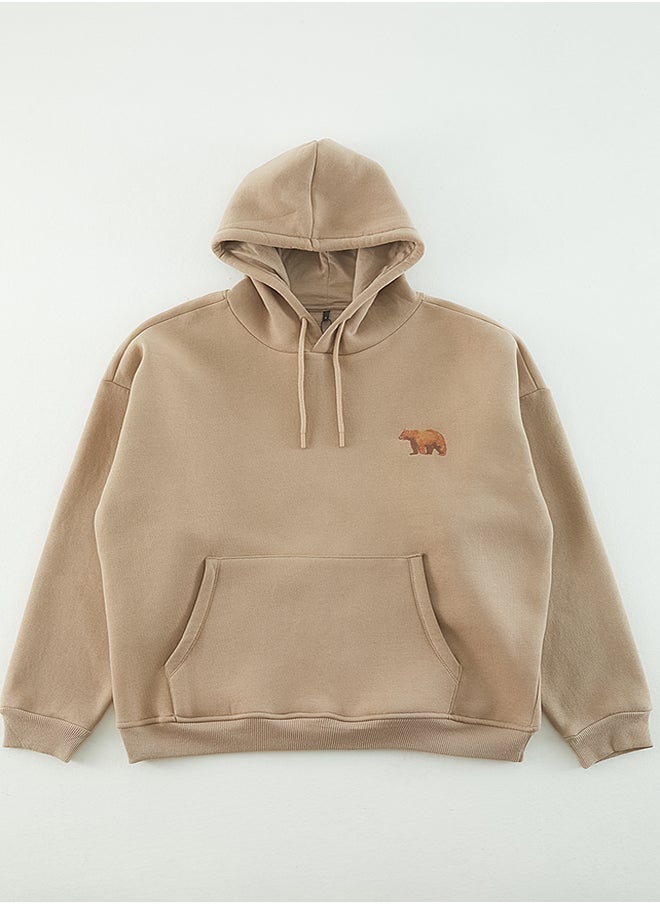 trendyol - Mink Men's Oversize Hooded Animal Embroidery Fleece Inner Sweatshirt. - Image 1