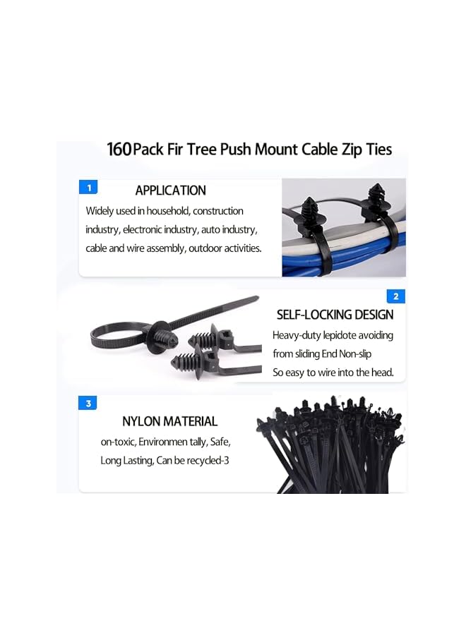 PROMASS 160Pcs Universal Nylon Push Mount Cable Zip Tie,Nylon Self Locking Cable Strap,Heavy Duty Nylon Push Mount Self Locking UV Resistant,5 Most Popular Sizes,for Indoor Wire Tying Construction Auto ect - Image 4