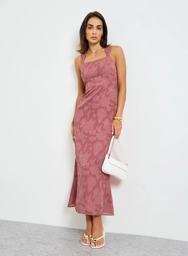 Take Two Pink Solid Lace Details Square Neck Midi Dress