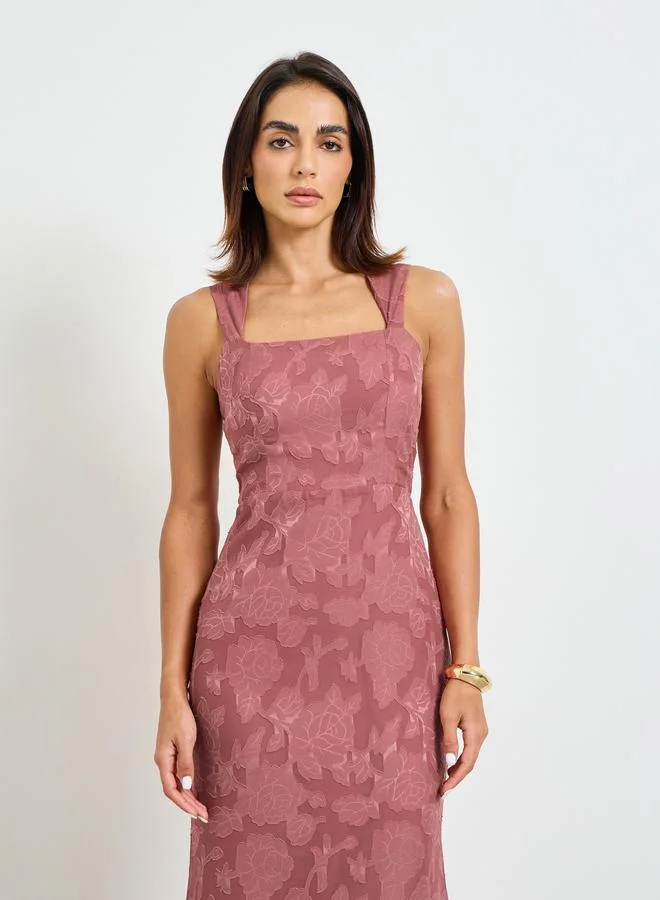 Take Two Pink Solid Lace Details Square Neck Midi Dress