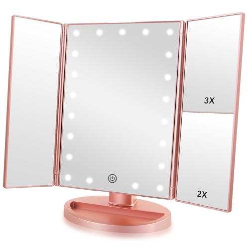 Infitrans Trifold Makeup Mirror Vanity Mirror with Lights,1X 2X 3X Magnification,Touch Screen,180 Adjustable Rotation,Portable Travel Bathroom Cosmetic Mirror - Image 1