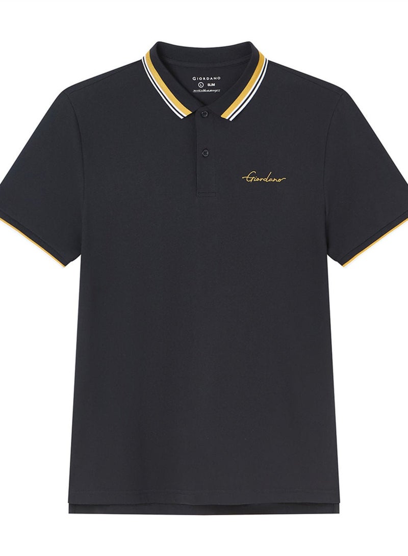 GIORDANO تي شيرت بولو ضيق للرجال مع ياقة متباينة وتطريز مميز - Image 3