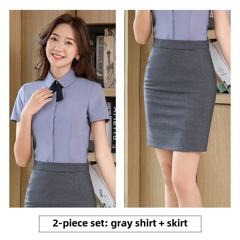 White Shirt Beauty Salon Jewelry Shop Professional Shirt Womens Short-sleeved Hotel Front Desk Dress Overalls gray shirt gray skirt 