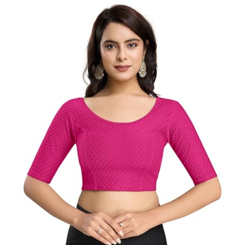 Trendmalls Women's Dobby Pure Cotton Elastin Stretchable Readymade Round Neck Elbow Length Sleeves Blouse Choli Stylish Saree Blouse Ready to Wear - Image 1
