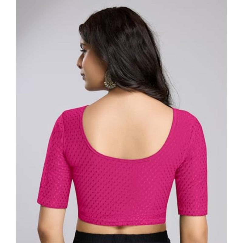 Trendmalls Women's Dobby Pure Cotton Elastin Stretchable Readymade Round Neck Elbow Length Sleeves Blouse Choli Stylish Saree Blouse Ready to Wear - Image 2
