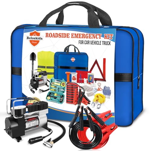 Beloskida Emergency Car Kit,Roadside Emergency Tool Kit for Vehicle Truck with Air Compressor Jumper Cable First Aid Kit,Winter Auto Road Side Kit Women Men Car Travel Safety Assistance Survival Essentials Kit - Image 1