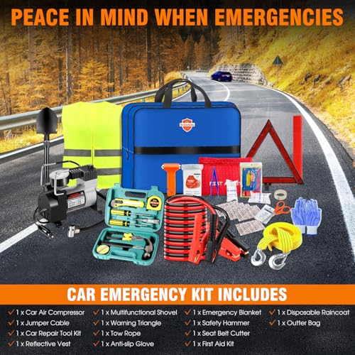 Beloskida Emergency Car Kit,Roadside Emergency Tool Kit for Vehicle Truck with Air Compressor Jumper Cable First Aid Kit,Winter Auto Road Side Kit Women Men Car Travel Safety Assistance Survival Essentials Kit - Image 2