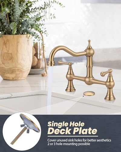 WOWOW Gold Bridge Kitchen Faucet 2 Hole Antique Brass Bridge Faucet 2 Handle 8 Inch Centerset Farmhouse Kitchen Sink Faucet 360° Swivel Vintage Tap - Image 2