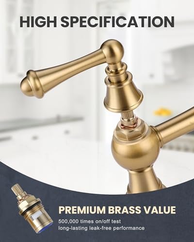 WOWOW Gold Bridge Kitchen Faucet 2 Hole Antique Brass Bridge Faucet 2 Handle 8 Inch Centerset Farmhouse Kitchen Sink Faucet 360° Swivel Vintage Tap - Image 4
