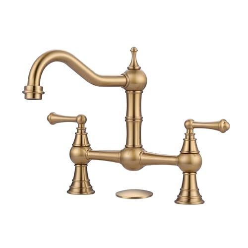 WOWOW Gold Bridge Kitchen Faucet 2 Hole Antique Brass Bridge Faucet 2 Handle 8 Inch Centerset Farmhouse Kitchen Sink Faucet 360° Swivel Vintage Tap - Image 1
