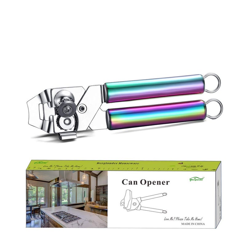 Berglander Can Opener Stainless Steel Rainbow Handle Titainium Colorful Plating Handle Hand Held Smooth Edge Manual Can Opener Heavy Duty Rainbow