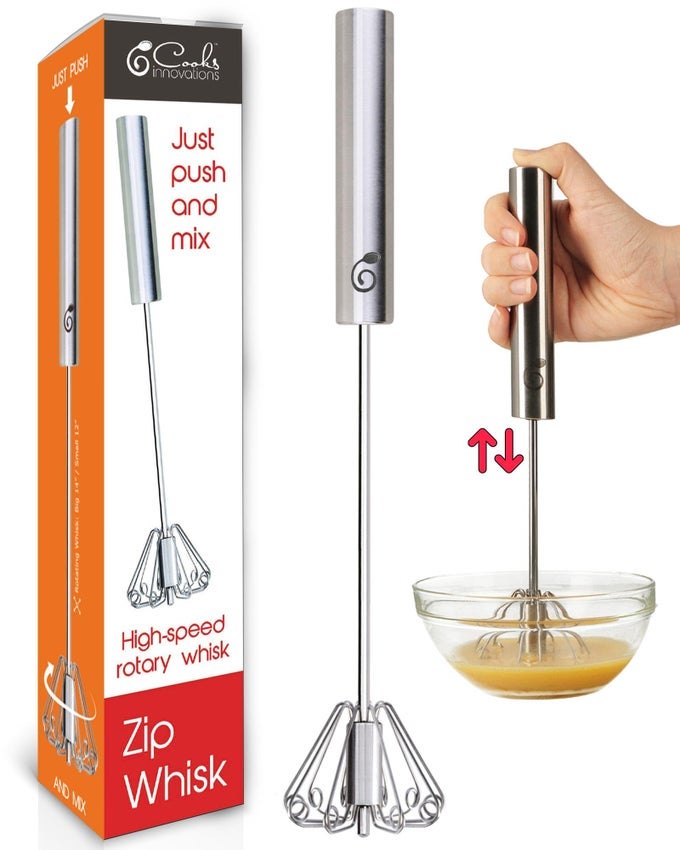 14 INCH STAINLESS STEEL HAND WHISK DURABLE EASY TO USE PUSHDOWN ZIP WHISKER ROTARY HAND MIXER FOR BEATING EGGS FROTHING MILK BLENDING MIXING WHIPPING SMOOTHIES SHAKES KITCHEN TOOLS