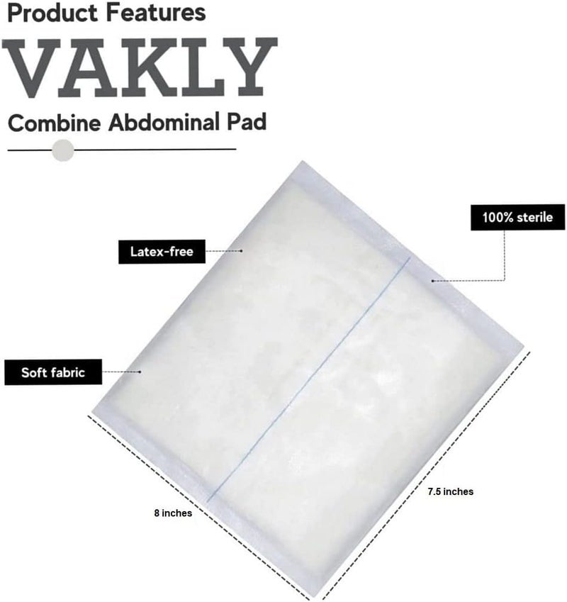 Vakly ABD Combine Abdominal Pads 8" x 7-1/2" High Absorbency Sterile Individually Wrapped 8" x 7-1/2" Non-Adherent Absorbent Post-Op Gauze - Heavy-Draining, Trauma and First Aid Wound Dressing (24) - Image 2