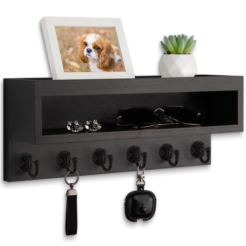 Lucundm Key and Mail Holder Wall Mount, Key Hanger with Long Storage Box and 6 Hooks for Coat, Dog Leash, Home Decor Rack, House Accessories, Entry Way Organizer (Black) - Image 1
