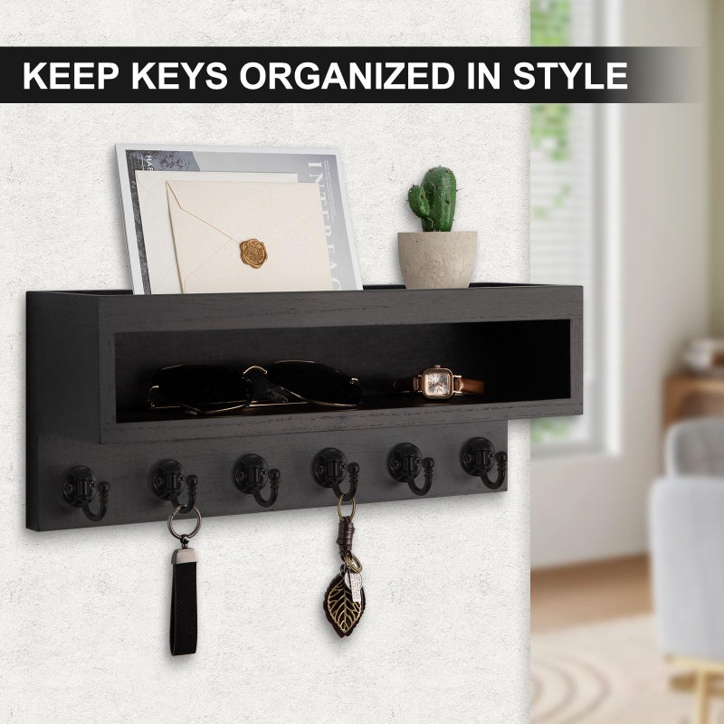 Lucundm Key and Mail Holder Wall Mount, Key Hanger with Long Storage Box and 6 Hooks for Coat, Dog Leash, Home Decor Rack, House Accessories, Entry Way Organizer (Black) - Image 3