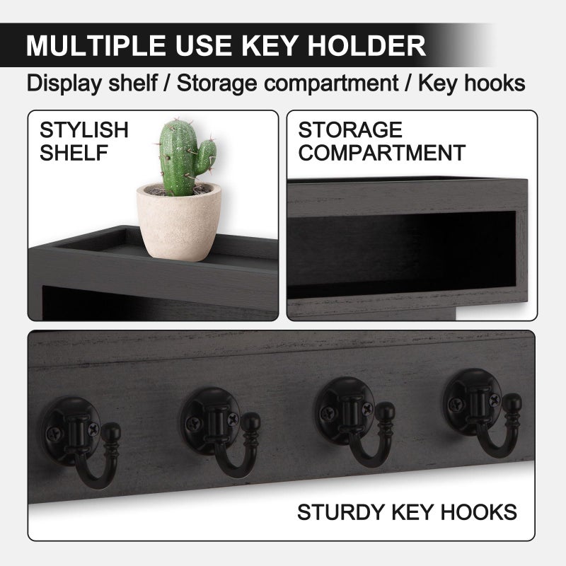 Lucundm Key and Mail Holder Wall Mount, Key Hanger with Long Storage Box and 6 Hooks for Coat, Dog Leash, Home Decor Rack, House Accessories, Entry Way Organizer (Black) - Image 4