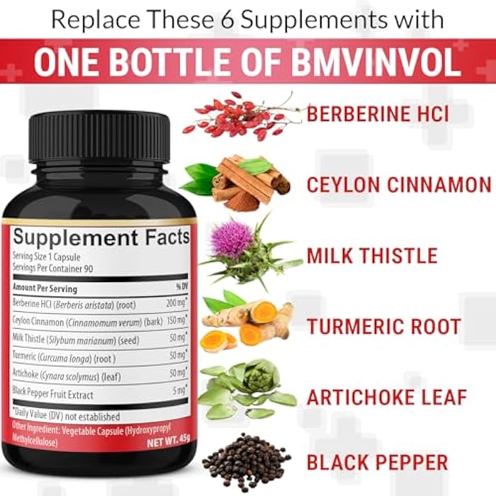 BMVINVOL Berberine, Ceylon Cinnamon, Turmeric, Milk Thistle, Artichoke, Black Pepper - 90 Capsules for Digestion, Immunity [3-Month Supply] - Image 4
