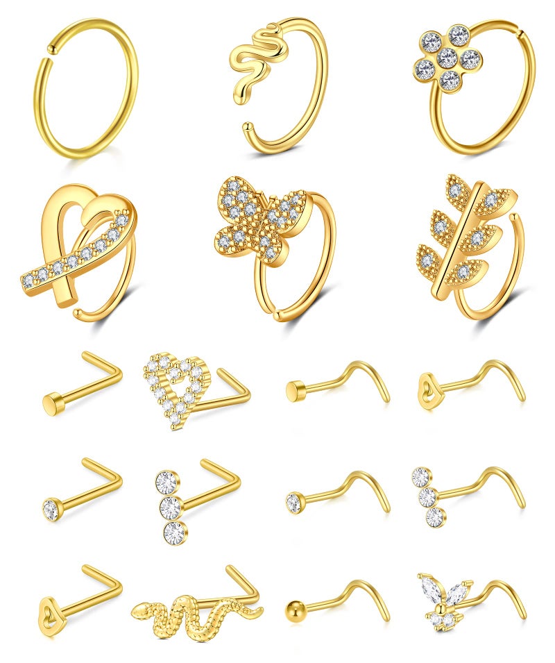 D.Bella 20G Nose Rings for Women Stainless Steel Nose Ring 20 Gauge Nose Rings Hoops Studs Flower Heart Diamond L Shaped Nose Studs Nostril Nose Piercing Jewelry for Women Men (1-Style Q) - Image 1