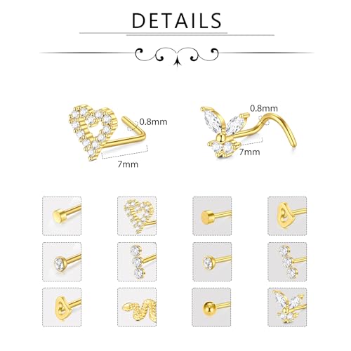 D.Bella 20G Nose Rings for Women Stainless Steel Nose Ring 20 Gauge Nose Rings Hoops Studs Flower Heart Diamond L Shaped Nose Studs Nostril Nose Piercing Jewelry for Women Men (1-Style Q) - Image 3