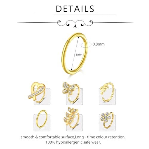 D.Bella 20G Nose Rings for Women Stainless Steel Nose Ring 20 Gauge Nose Rings Hoops Studs Flower Heart Diamond L Shaped Nose Studs Nostril Nose Piercing Jewelry for Women Men (1-Style Q) - Image 2