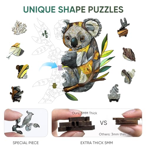 Mys Aurora Wooden Puzzles for Adults Koala Jigsaw Puzzles 200 Pieces Unique Shaped Puzzle for Adults and Kids Birthday Gift Family Game 124 x 126 Inch - Image 5