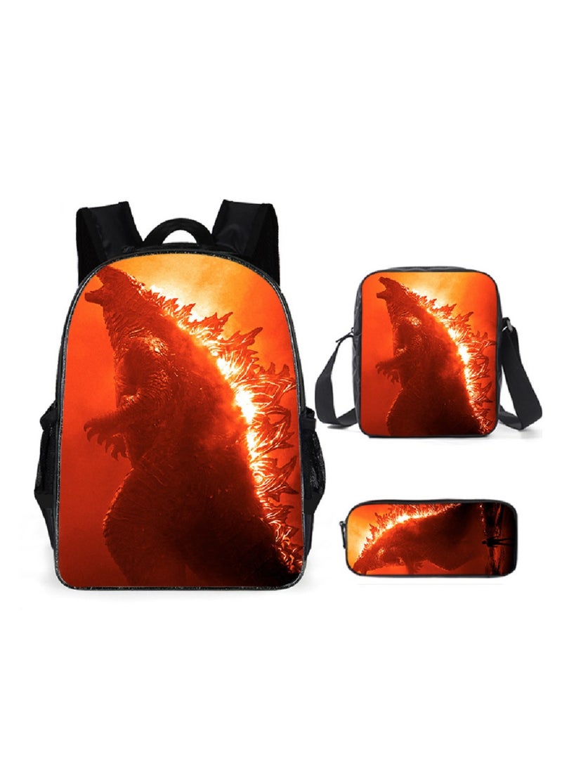 Godzilla Children's leisure load reducing large capacity printed backpack for elementary school students, 3-piece set - Image 1