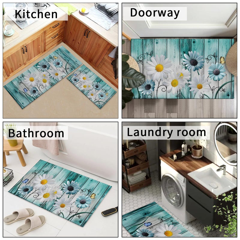 Granbey Teal Daisy Kitchen Rugs and Mats Set of 2 Farmhouse Turquoise Wooden Vintage Kitchen Mats for Floor Non-Slip Standing Desk Mat Comfort Standing Mat for Sink,Office,Laundry - Image 3