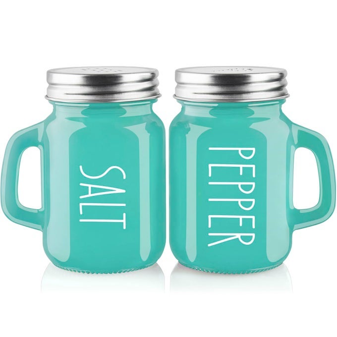 TURQUOISE SALT AND PEPPER SHAKERS SET TEAL KITCHEN DECOR AND ACCESSORIES FOR HOME RESTAURANTS WEDDING GLASS SALT AND PEPPER SET FOR COOKING TABLE RV BBQ EASY TO CLEAN REFILL