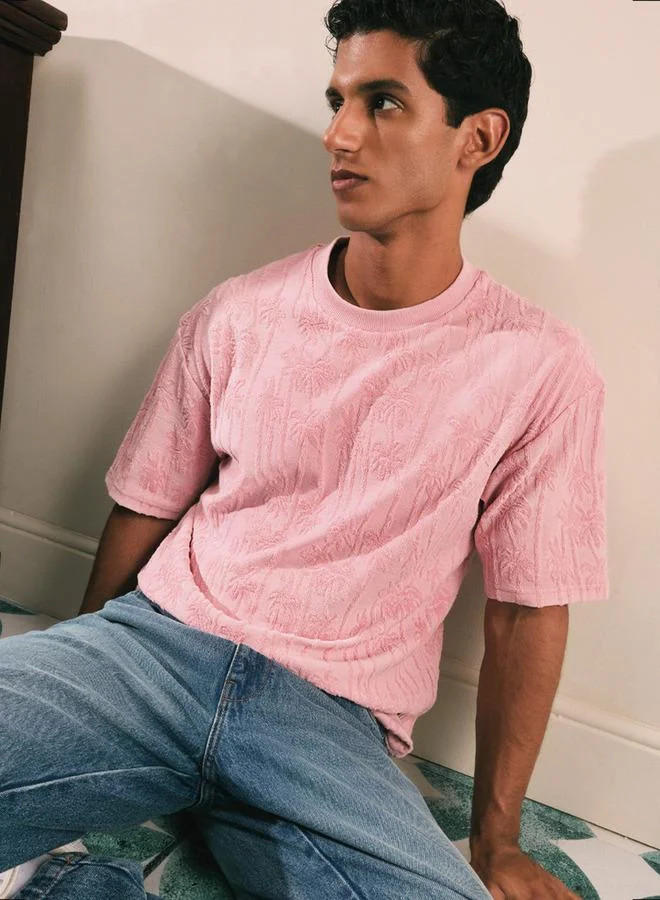 Lee Cooper Palm Tree Textured Terry T-shirt with Crew Neck