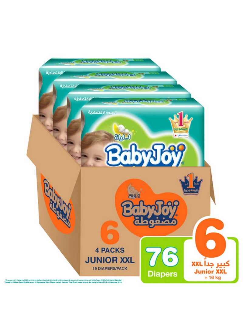 Baby Joy BabyJoy Compressed Diamond Pad Tape Style Diapers, 76 Pieces Total, Size 6 Junior XXL Pack of 4, 16-25kg - 12Hrs Leakage Protection, Cottony Soft, Waist Stretch, Breathable 