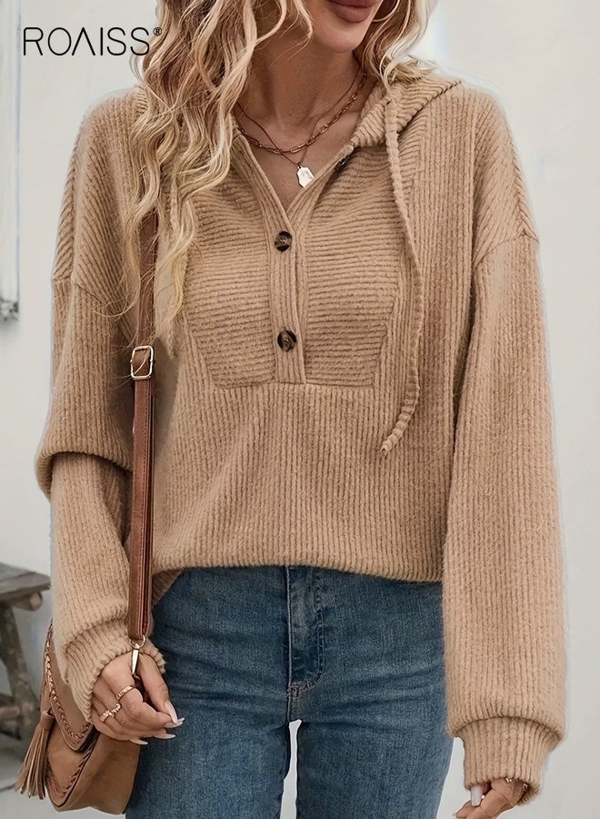 رويس سترة نسائية بغطاء للرأس بأكمام طويلة محبوكة على الطراز القديم بلون موحد، بلوزة دافئة مريحة للخريف والشتاء بتصميم كلاسيكي عتيق وملاءمة مريحة - Image 2