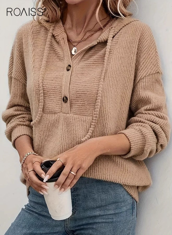 رويس سترة نسائية بغطاء للرأس بأكمام طويلة محبوكة على الطراز القديم بلون موحد، بلوزة دافئة مريحة للخريف والشتاء بتصميم كلاسيكي عتيق وملاءمة مريحة - Image 1