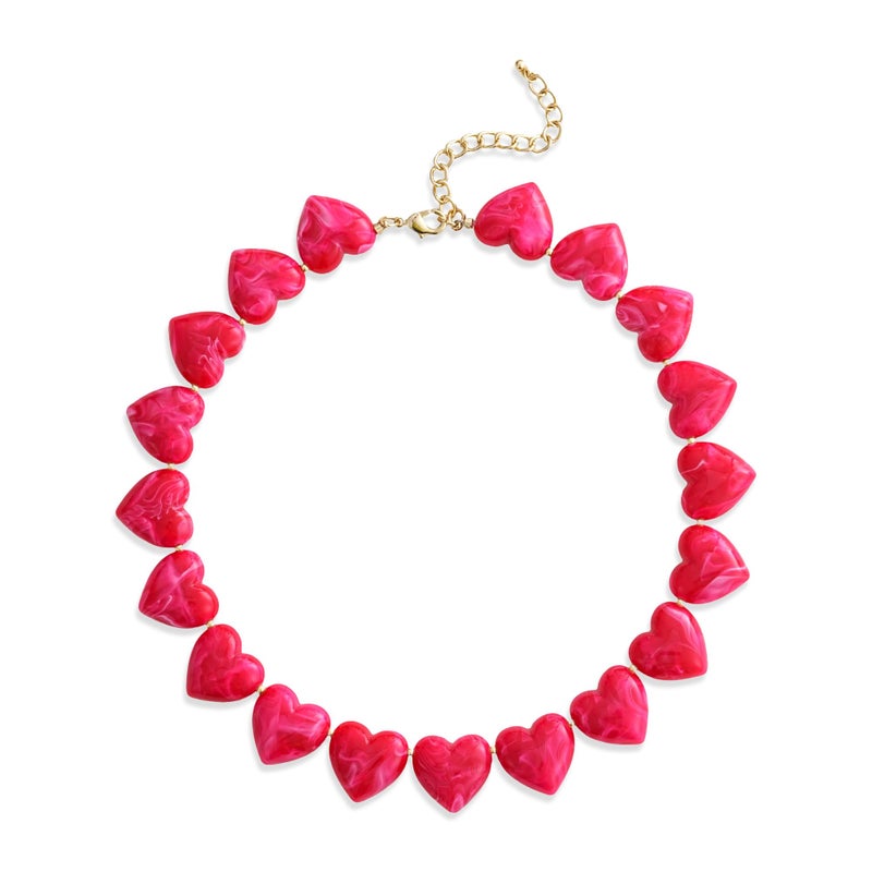 YUJIE Hot Pink Heart Choker Necklace for Women Trendy Acrylic Statement Chunky Bib Necklace, Cute Love Heart Pendant Necklace - Image 1
