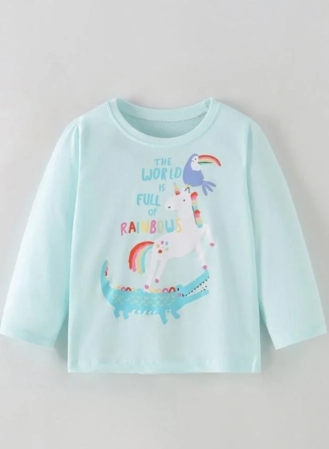 YUNIQEE Turquoise Blue Printed Long Sleeve Crew Neck T-Shirt