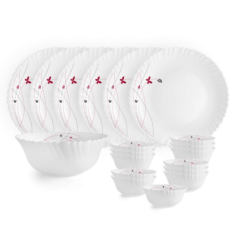 Cello Cello Opalware Dazzle Series Lush Fiesta Dinner Set, 19 Pcs | Service for Family of 6 | Light-Weight, Daily Use Crockery Set for Dining | White Plate and Bowl Set  - Image 1