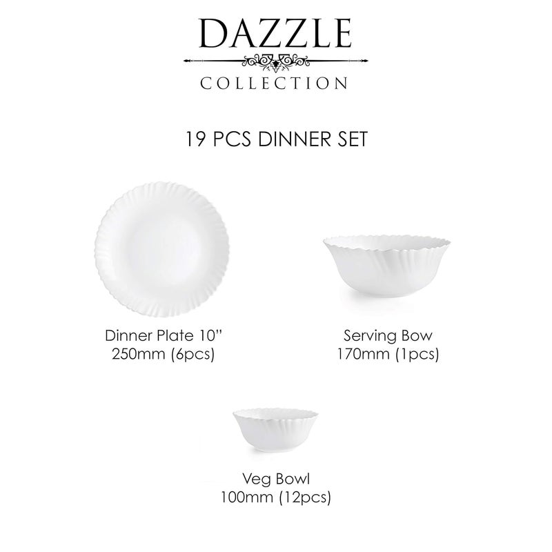 Cello Cello Opalware Dazzle Series Lush Fiesta Dinner Set, 19 Pcs | Service for Family of 6 | Light-Weight, Daily Use Crockery Set for Dining | White Plate and Bowl Set  - Image 3