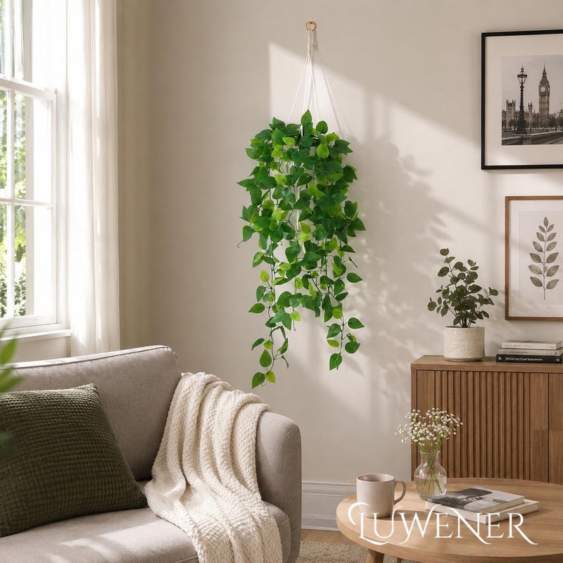 LUWENER Artificial Hanging Plants with Pot, 50 Inches Fake Pothos Vines Macrame Plant Hanger for Indoor Home Decor, Includes 2 Hooks (No-Drill & Drill), Ivory Greenery for Bathroom Kitchen Office - Image 2