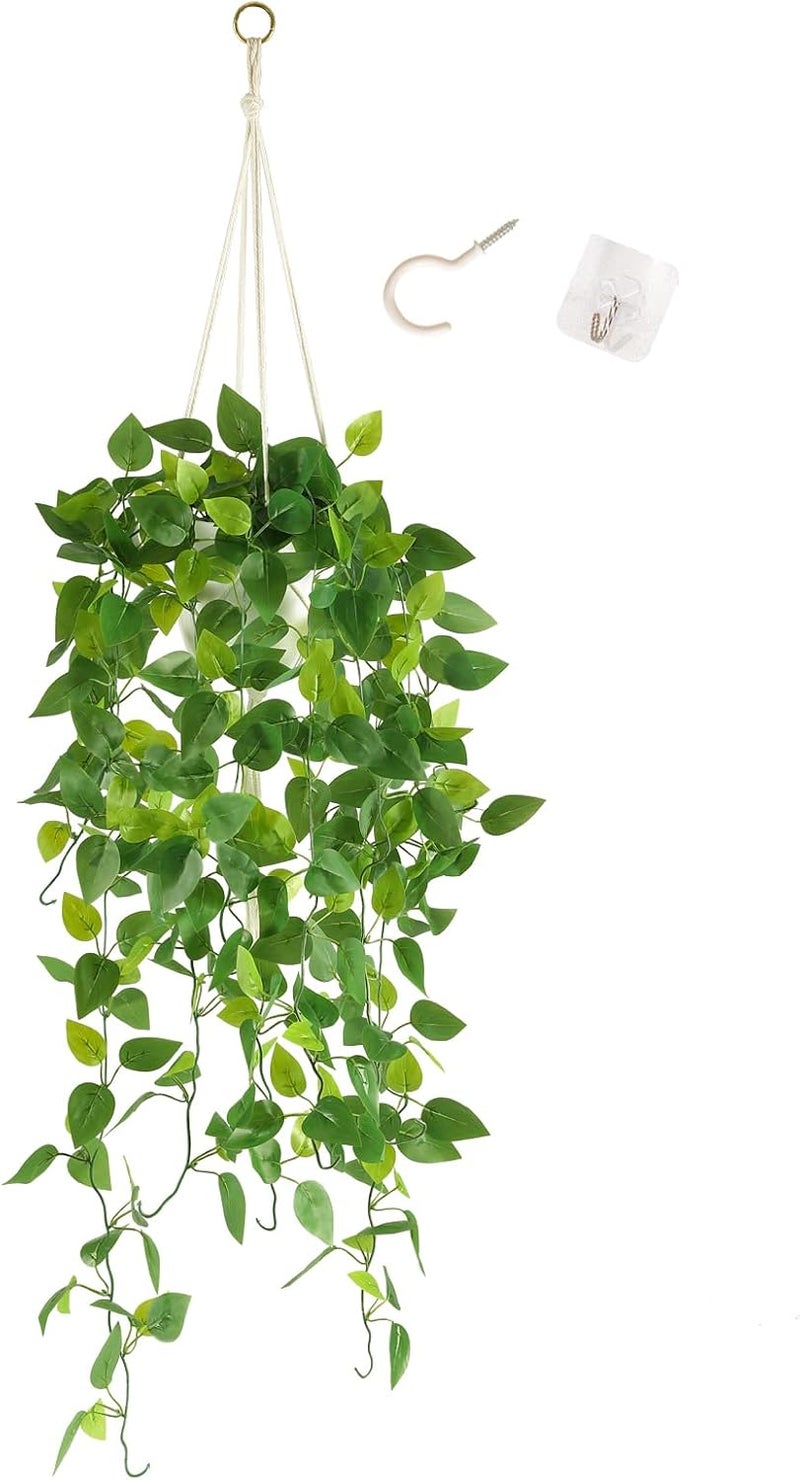 LUWENER Artificial Hanging Plants with Pot, 50 Inches Fake Pothos Vines Macrame Plant Hanger for Indoor Home Decor, Includes 2 Hooks (No-Drill & Drill), Ivory Greenery for Bathroom Kitchen Office - Image 1